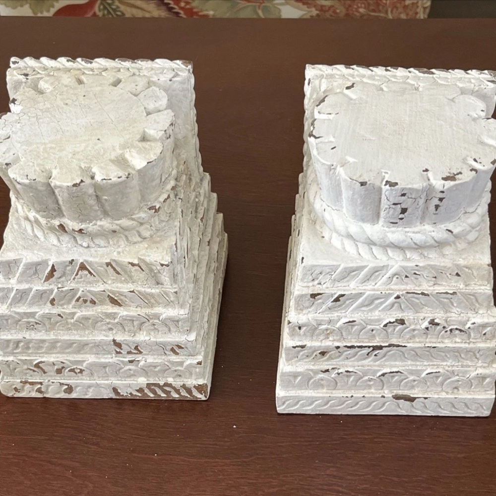 Pottery Barn Architectural Candle Pillar Holders Ivory Carved  Solid Wood Set